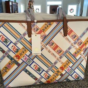 Colorful Patchwork Tote Bag with Leather Handles